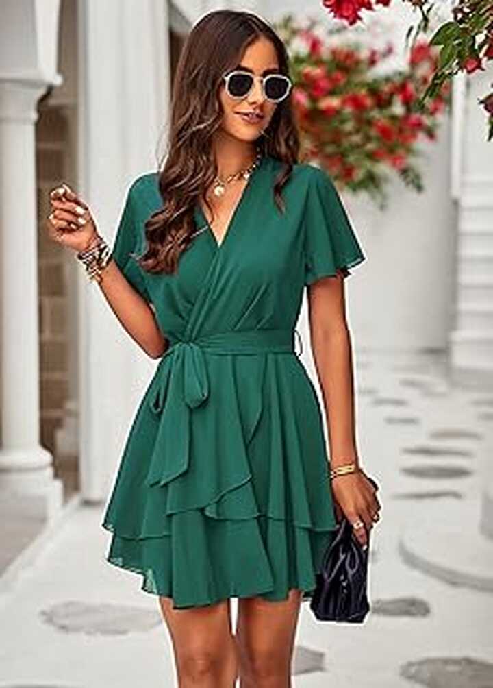 GAOVOT Women&#39;s Sexy V Neck Dress Ruffle Short Sleeve Tie Waist ...