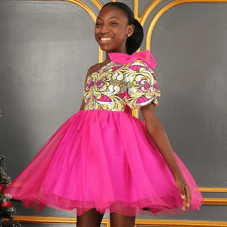 GIRLS PINK ANKARA AND TULLE DRESS