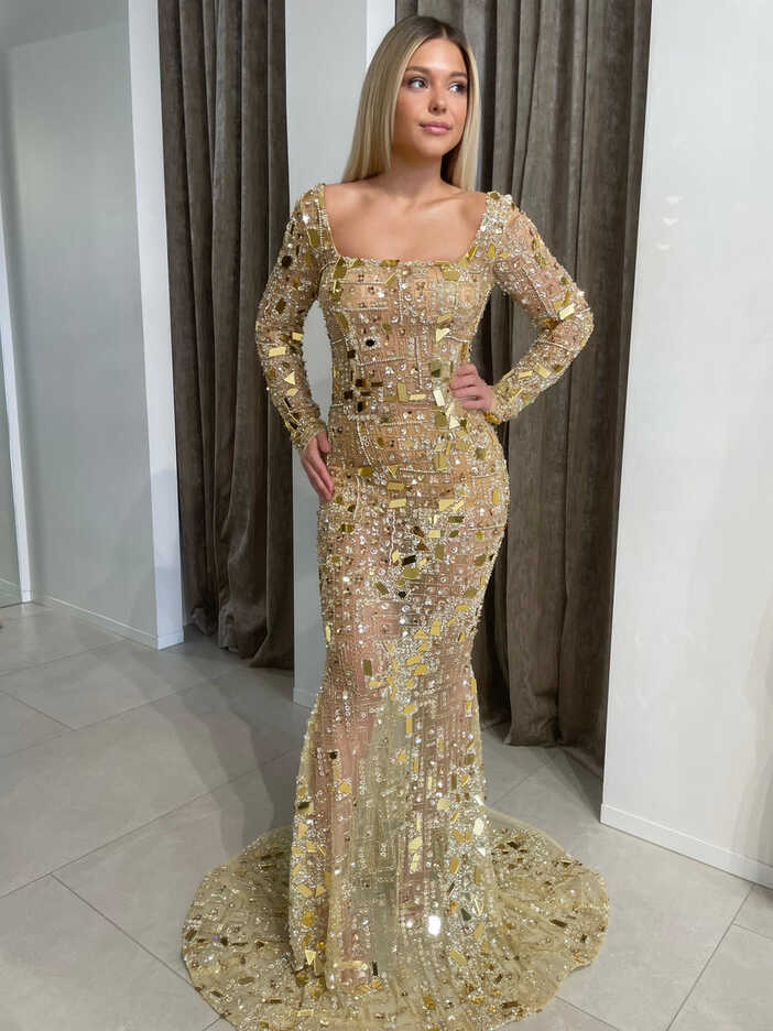 GOLD BEADED LONG MIRROR DRESS WITH SLEEVES