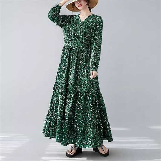 GPPZM V-neck Long Sleeve Spring Dress Chiffon Print Floral Office ...