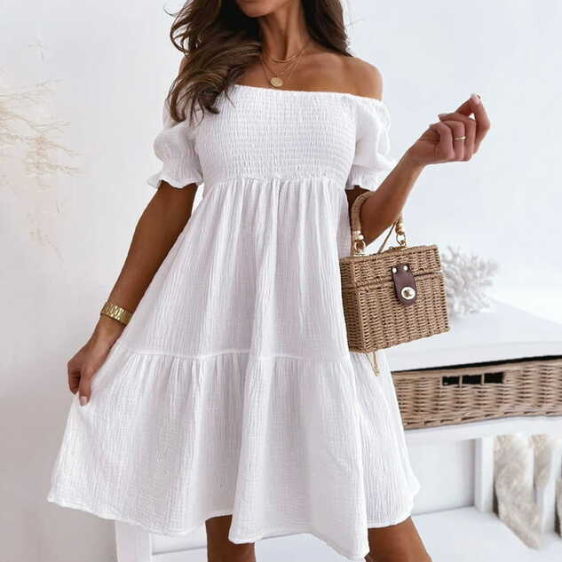 GUZYING Women&#39;s Off-The-Shoulder White Midi Dress Solid Color ...