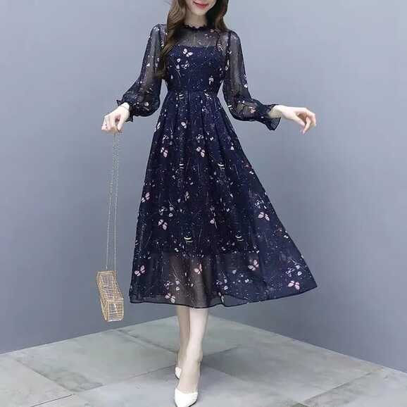 Gauze transparent Printing Korean floral Dress women Fashion ...