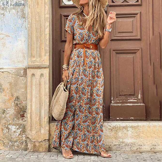 Generic Women&#39;s Boho Floral Maxi Dress Short Sleeve V-Neck Long ...