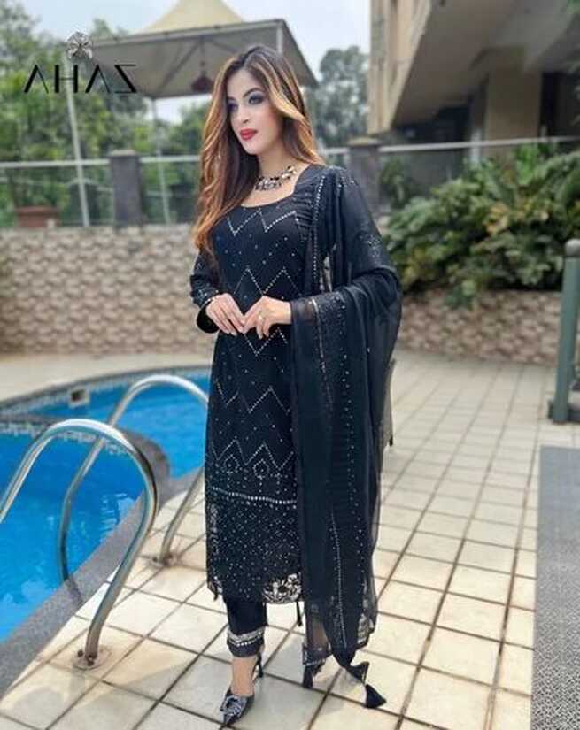 Georgette Black Ladies Designer Pakistani Suits, Semi Stitched at ...