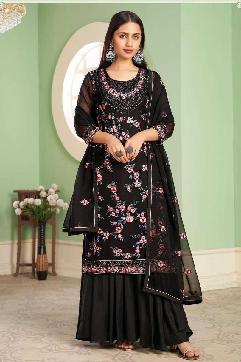 Georgette Embroidered Black Pakistani Suit with Dupatta - PZ3364