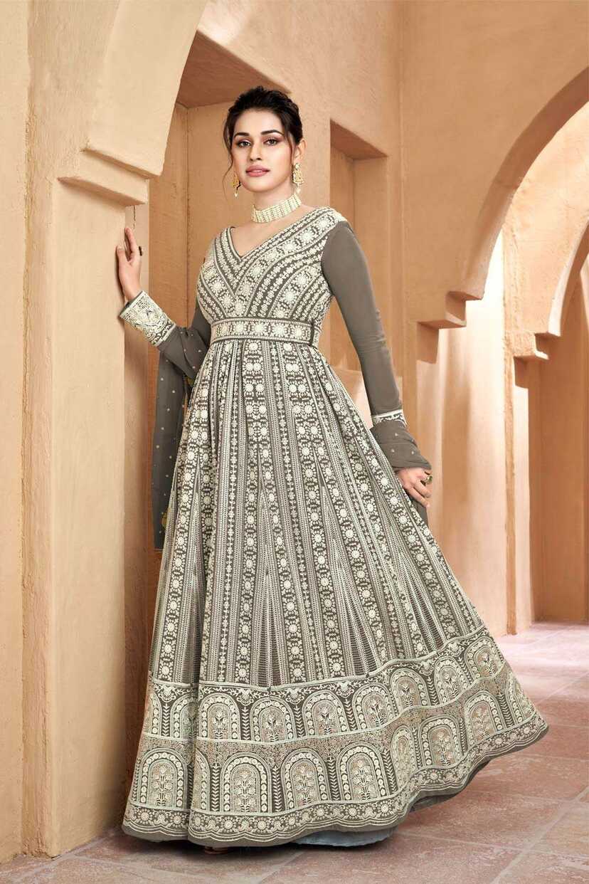 Georgette Embroidered Grey Gown Dress with Dupatta - GW0500