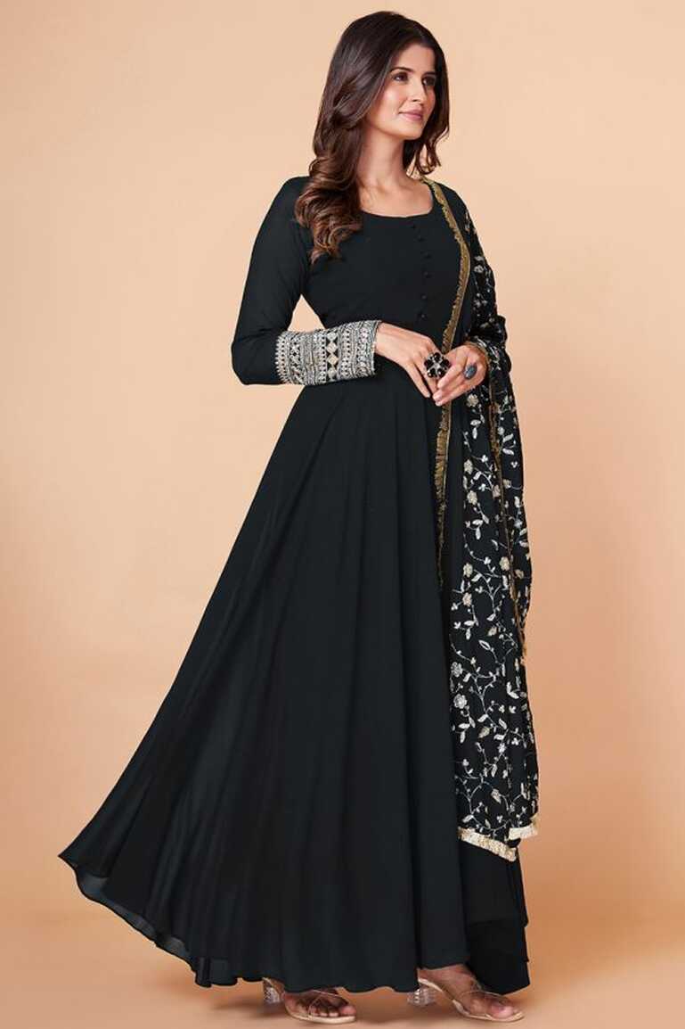 Georgette Fabric Black Color Party Wear Readymade Long Gown