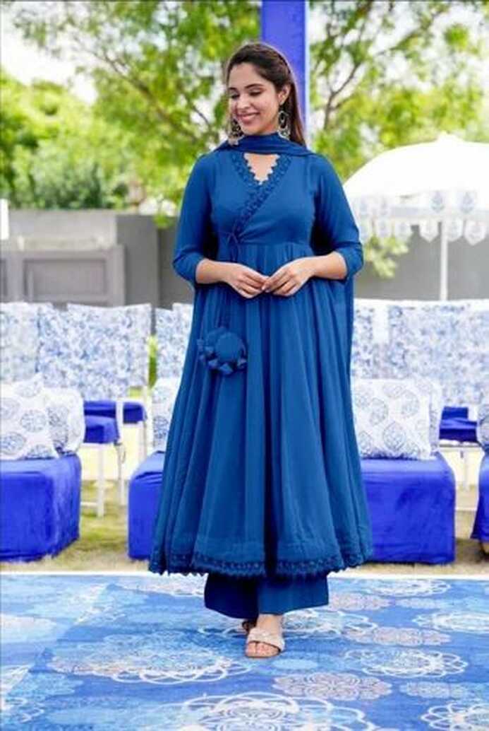 Georgette Plain Presenting New Anarkali Gown, Half Sleeve, Blue at ...