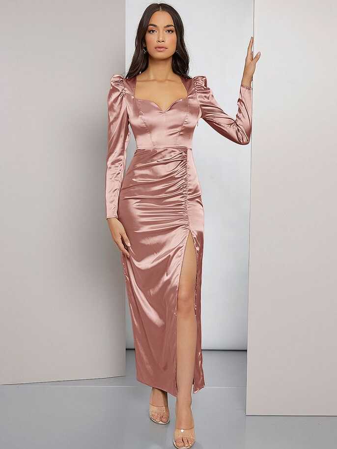 Gigot Sleeve Ruched Split Thigh Satin Dress