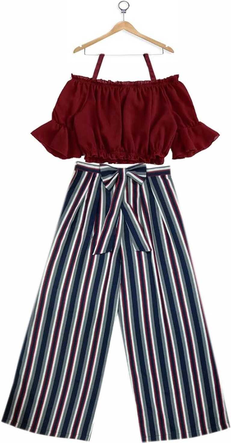 Girl&#39;s Designer Fusion Wear Crop Top and Striped Plazo Set | Red ...