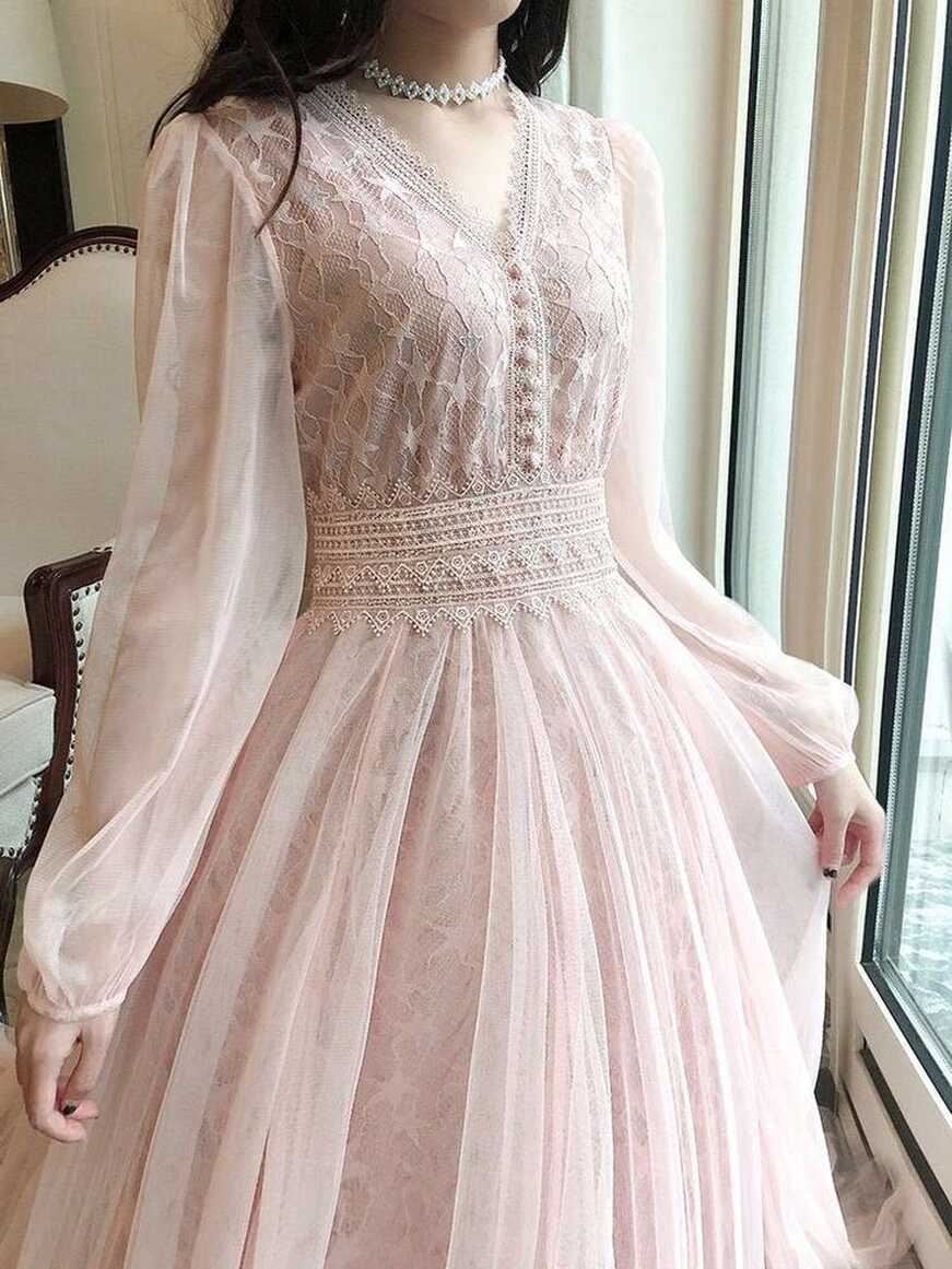 Girlfairy Elegant Pink Lace Dress Women Spring Elegant Party V ...