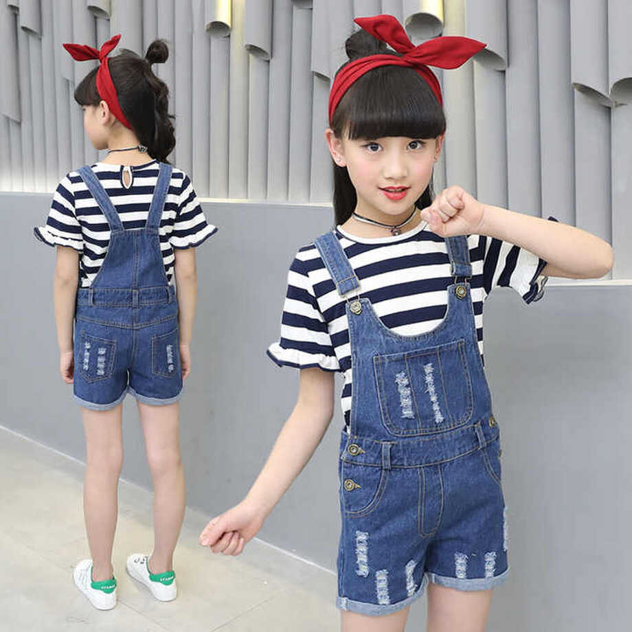 Girls&#39; Middle and Big Children Denim Brace Shorts Summer New ...