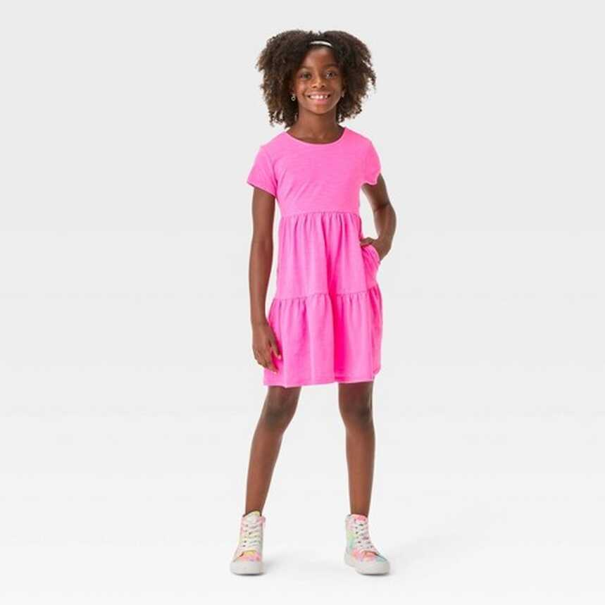 Girls&#39; Short Sleeve Open Back Tiered Knit Dress - Cat &amp; Jack™ Neon ...