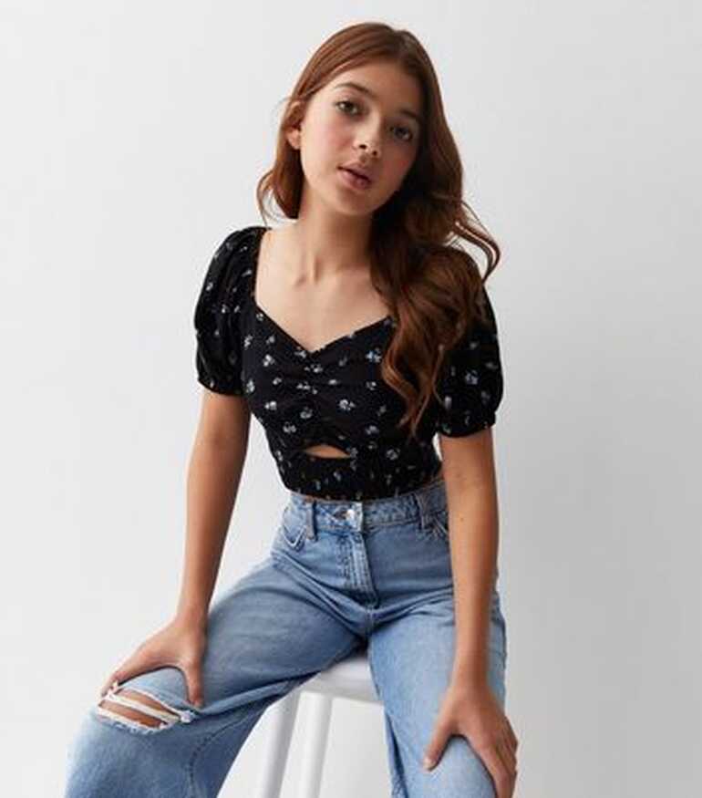 Girls Black Ditsy Print Puff Sleeve Crop Top | New Look