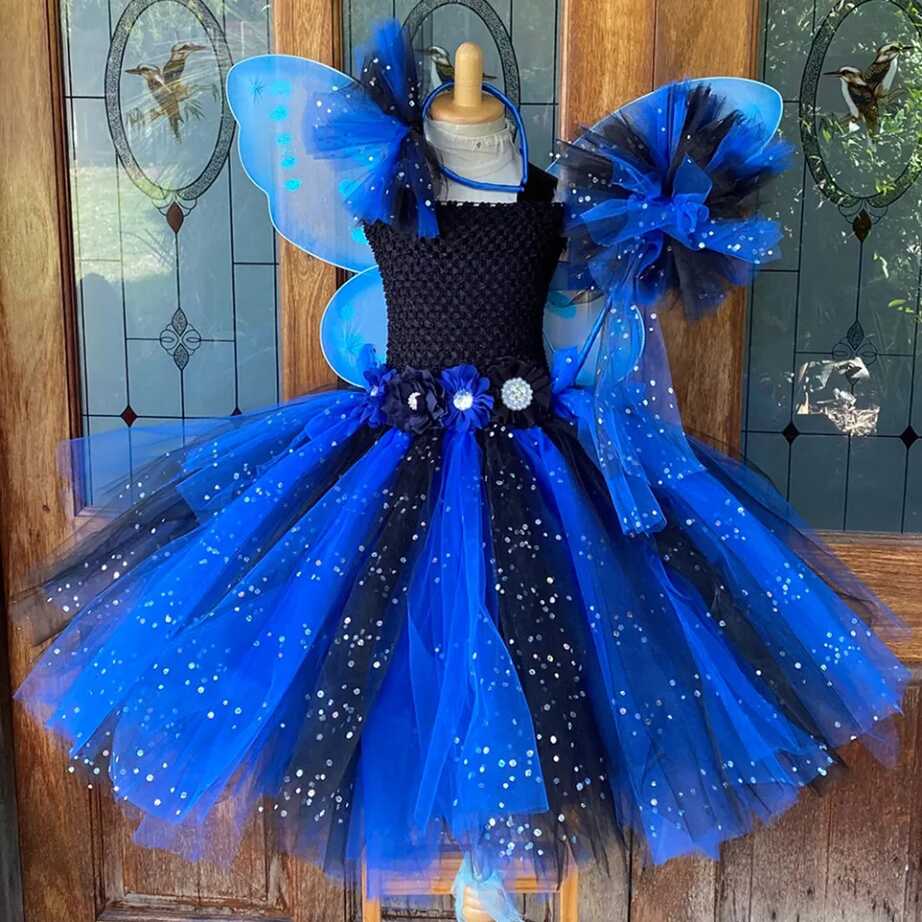 Girls Blue Black Glitter Tutu Dress Kids Flower Fairy Dresses With ...