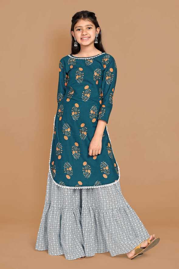 Girls Blue Floral Printed Cotton Kurta With Sharara Set