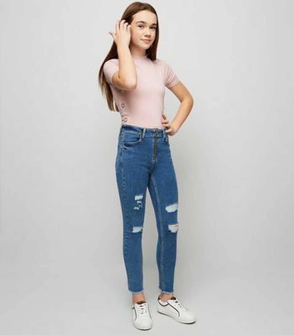 Girls Blue Ring Zip High Waist Skinny Jeans | New Look