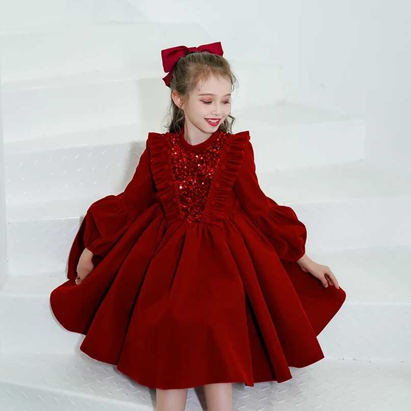 Girls Ceremony Dresses Spring Autumn Lace Long Sleeve Velvet for ...