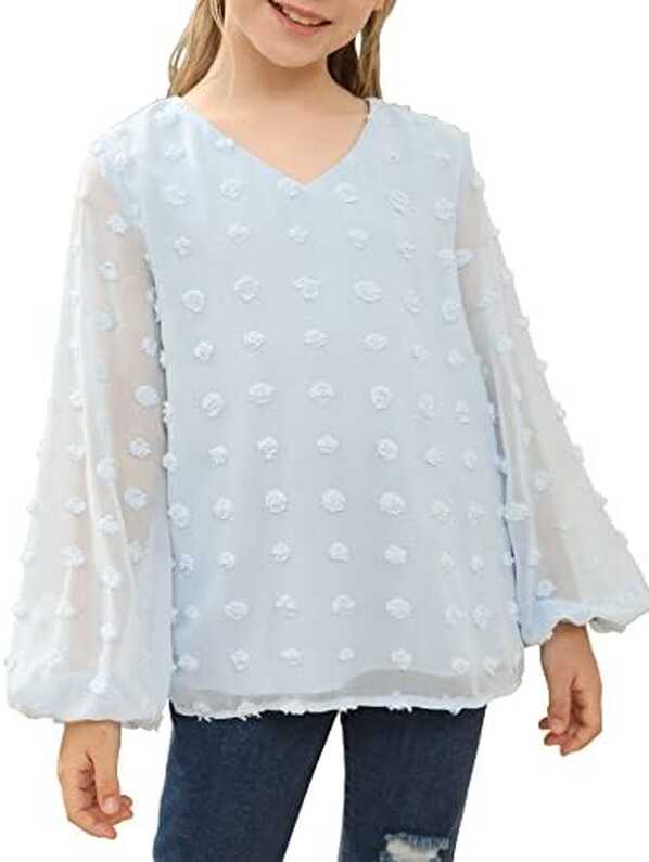 Girls Chiffon Swiss Dot Blouses Long Lantern Sleeve Casual V Neck ...