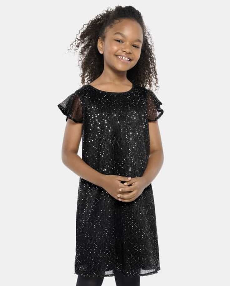 Girls Christmas Short Flutter Sleeve Sequin Woven Shift Dress ...