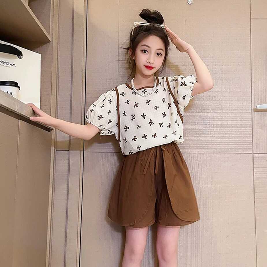 Girls Clothes Set 2024 Summer Cute Bow Short Sleeve Tops + Shorts ...