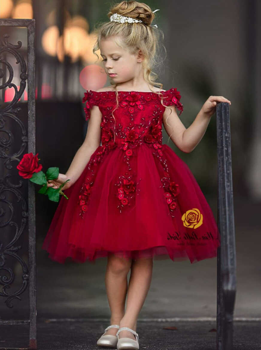 Girls Cute Formal Dresses | Red Off Shoulder Floral Holiday Dress ...