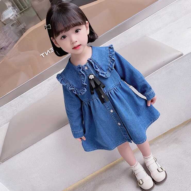 Girls Denim Korean Style Lotus Leaf Collar Dress Dresses for Kids ...