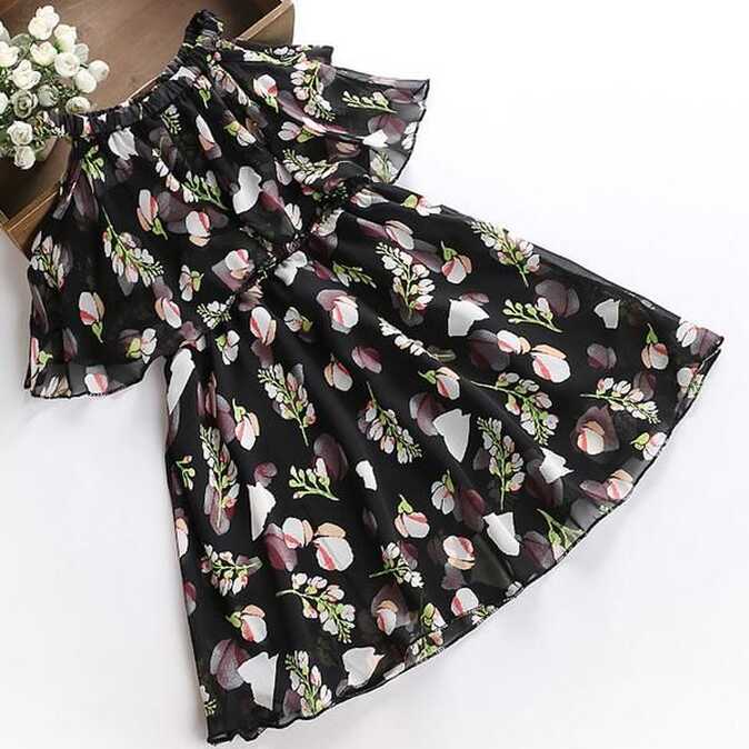 Girls Dress Chiffon Kids Summer Ruffles Dresses Flower Print Baby ...