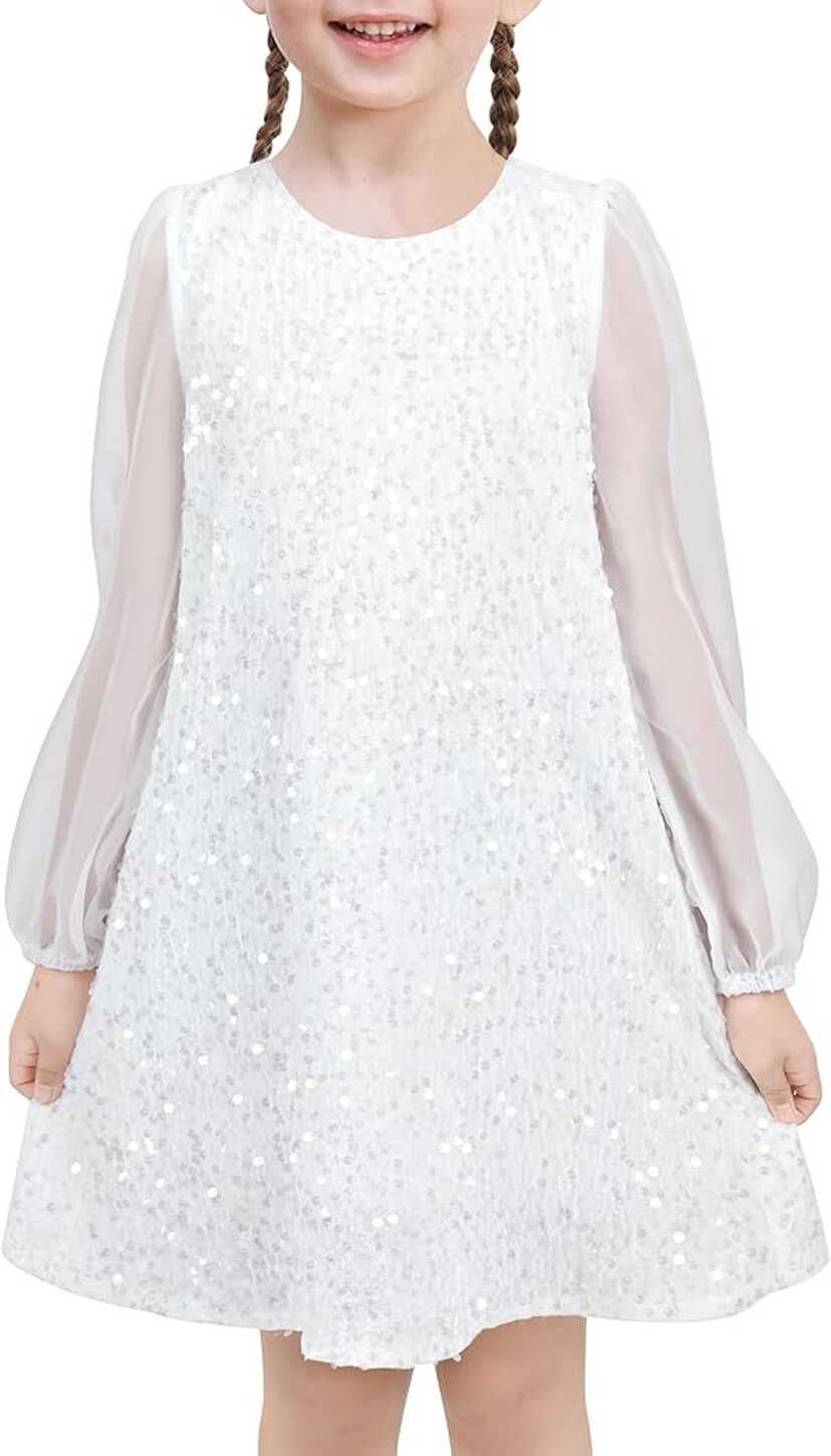 Girls Dress White Sequin Sheer Mesh Long Sleeve Party Pageant ...