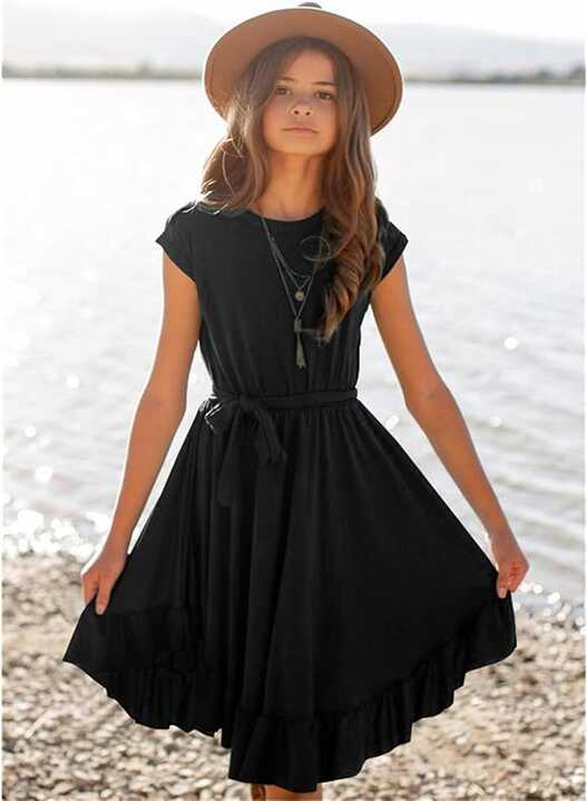 Girls Dresses Long Sleeve Loose Plain Casual Ruffle Swing Long ...