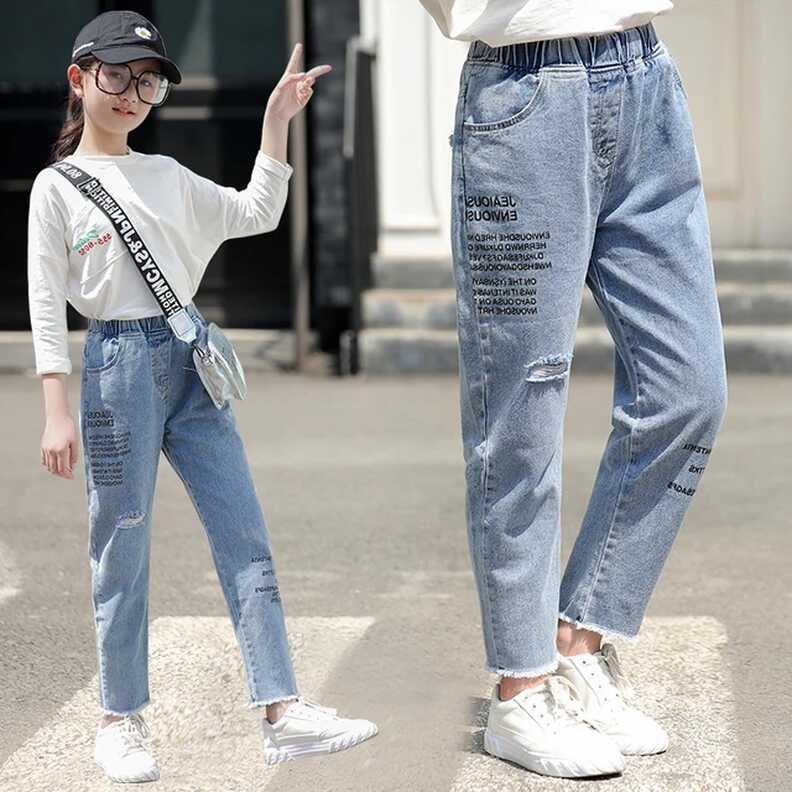 Girls Fashion Broken Hole Jeans Girls Spring Autumn Elastic Waist ...