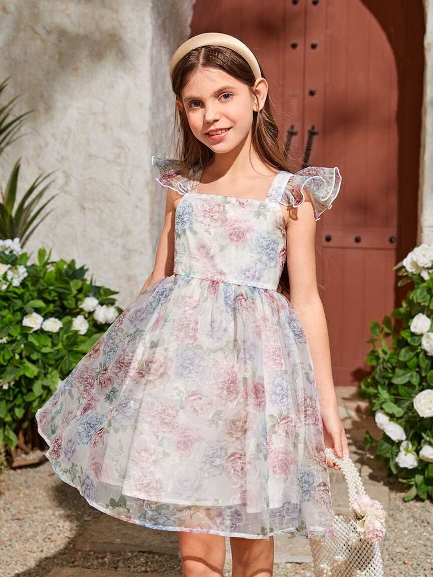 Girls Floral Print Ruffle Trim Organza Overlay Dress