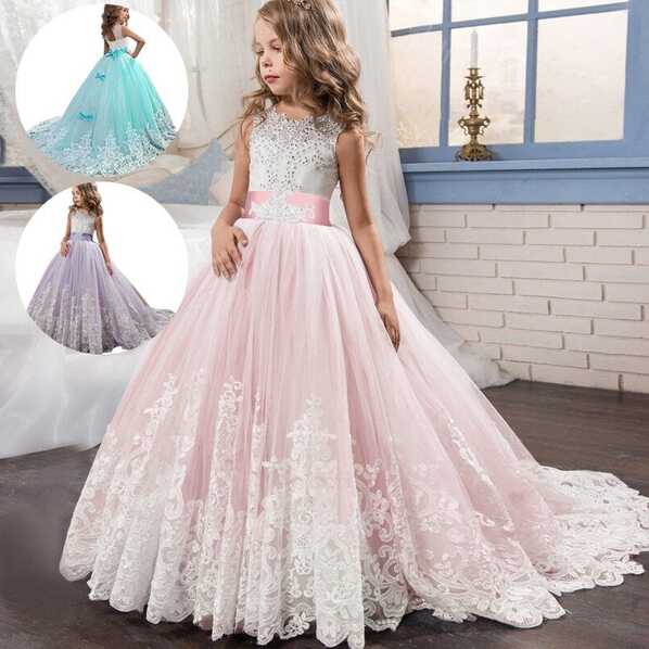 Girls Lace Long Prom Gowns Bridesmaid Kids Dresses Party Dress ...