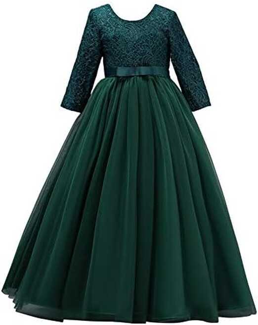 Girls Long Lace Bridesmaid Dress 3/4 Sleeves Floor Length Maxi ...