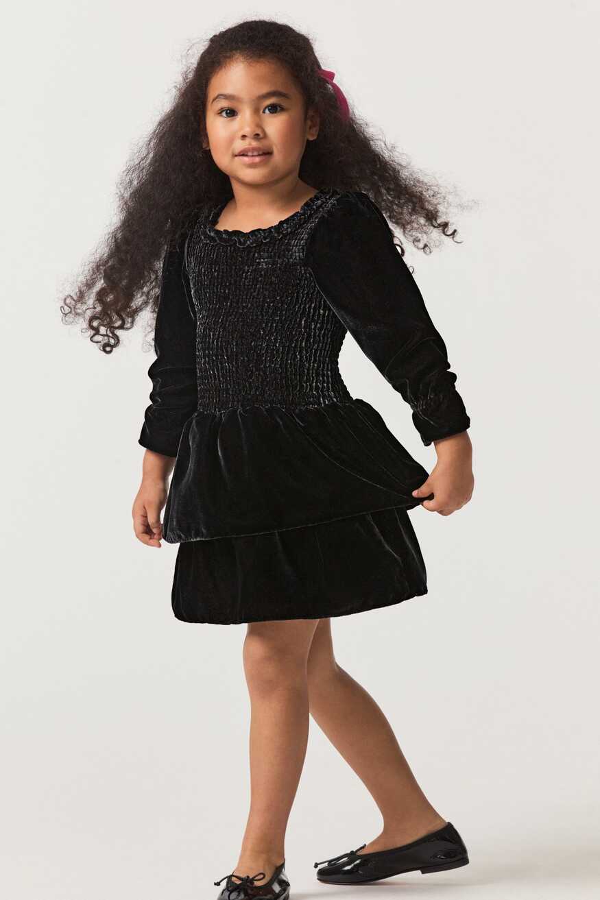 Girls Long Sleeve Black Velvet Dev Dress - Little Girls Dresses ...