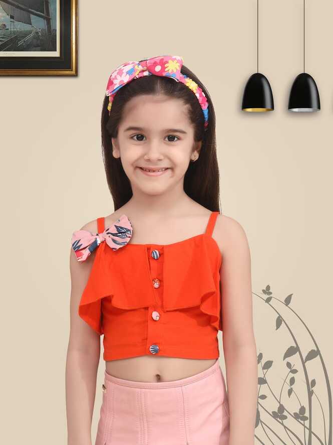 Girls Orange Solid Shoulder Strap Crop Top