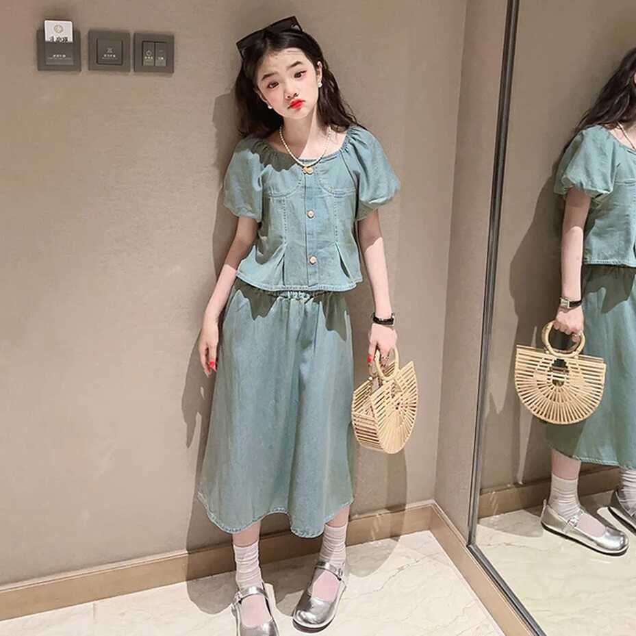 Girls Outfits Sets Summer Fashion Short Sleeve Tops Denim Skirt ...