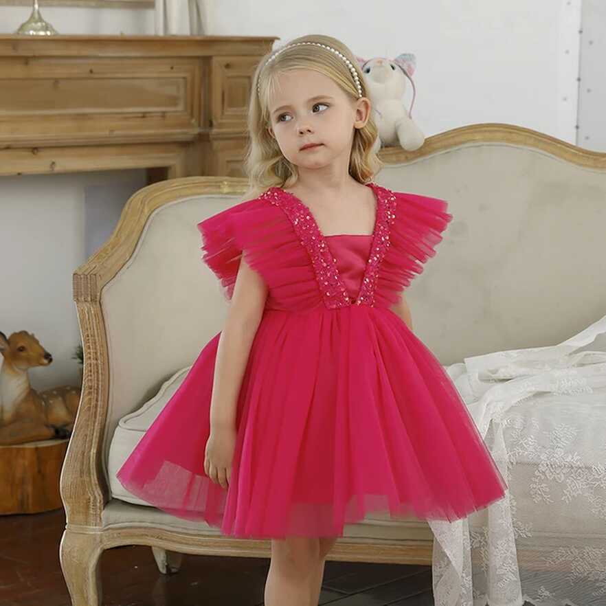 Girls Party Dress Hot Pink Sequin Ruffle Sleeve Tutu Gown Kids ...