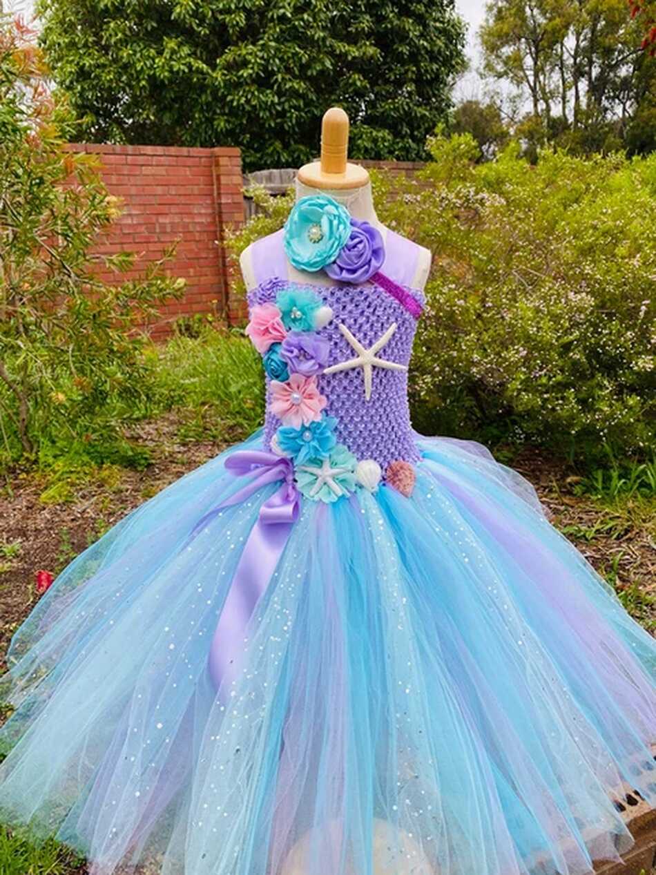 Girls Pastel Mermaid Flower Dress Kids Glitter Fairy Tutu Tulle ...