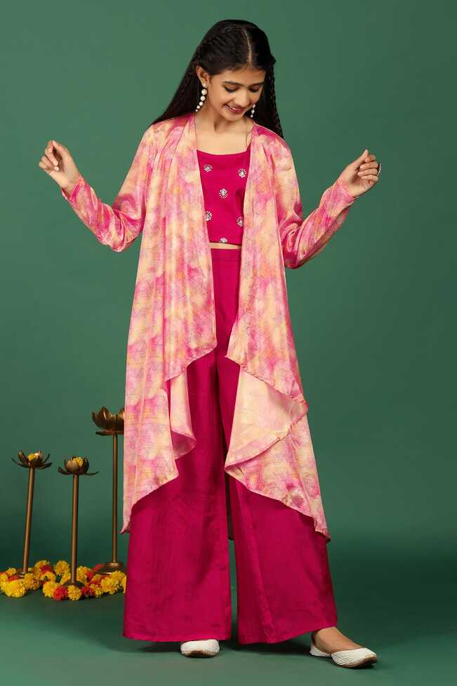 Girls Pink Crop Top And Palazzo Set With Long Shrug