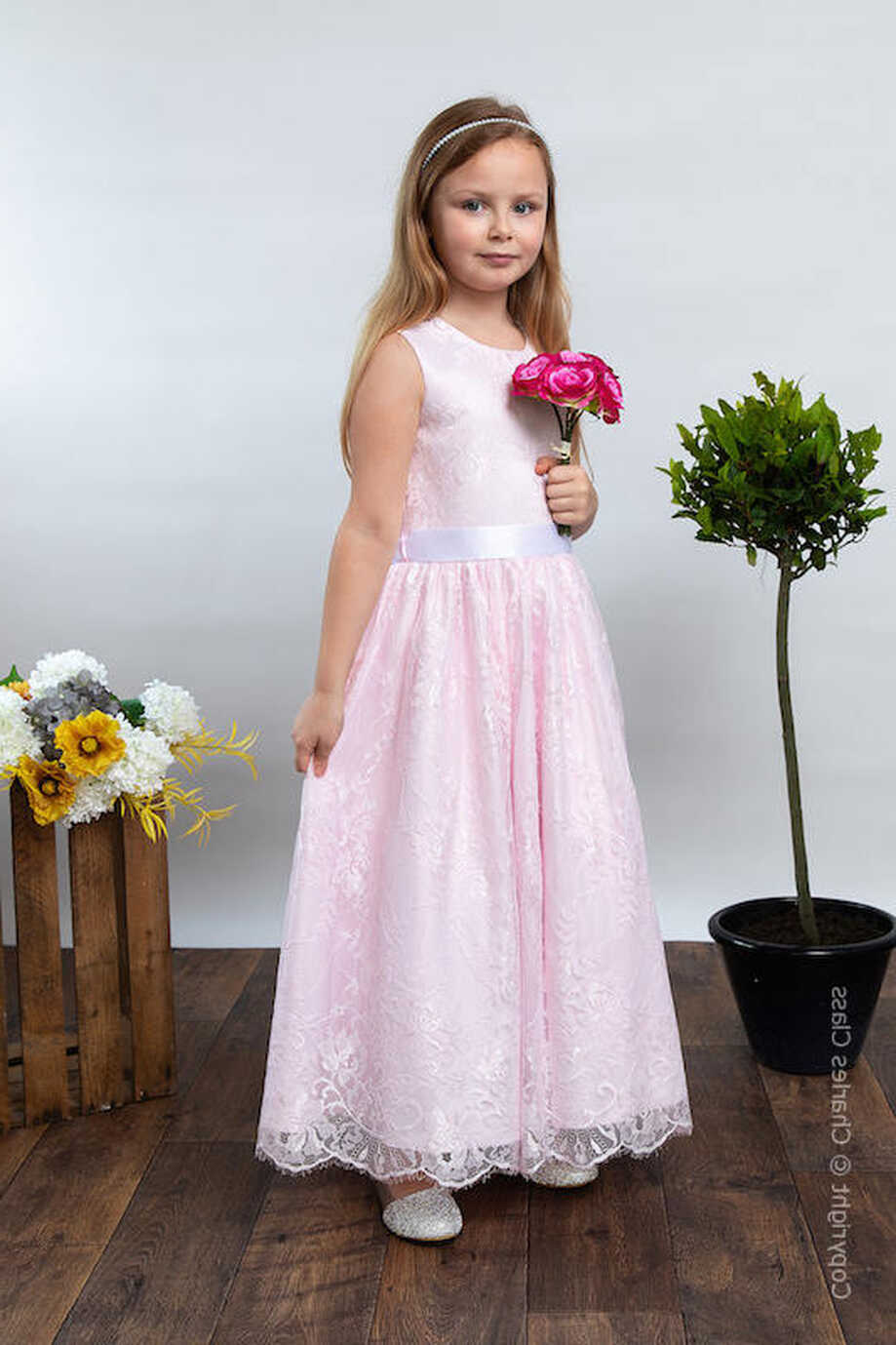 Girls Pink Eyelash Lace Flower Girl Dress with White Satin Sash