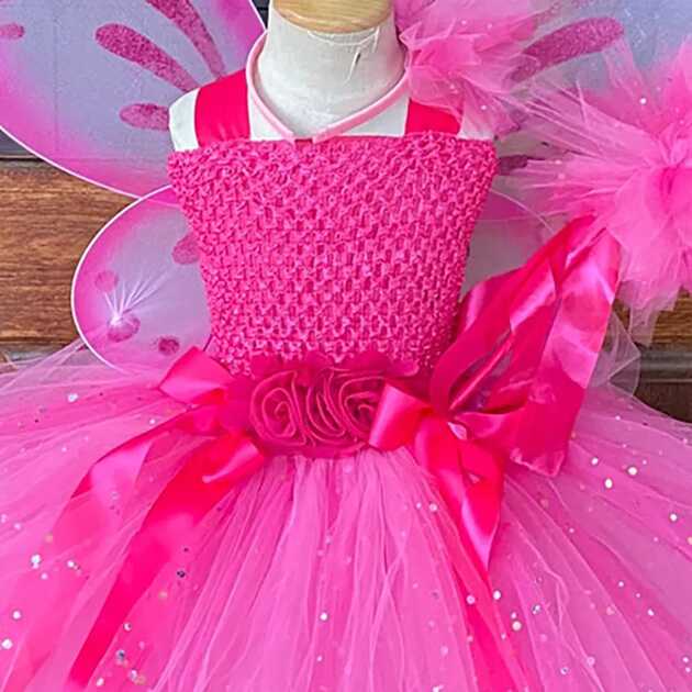 Girls Pink Flower Fairy Dress Kids Glitter Butterfly Tutu Dresses ...