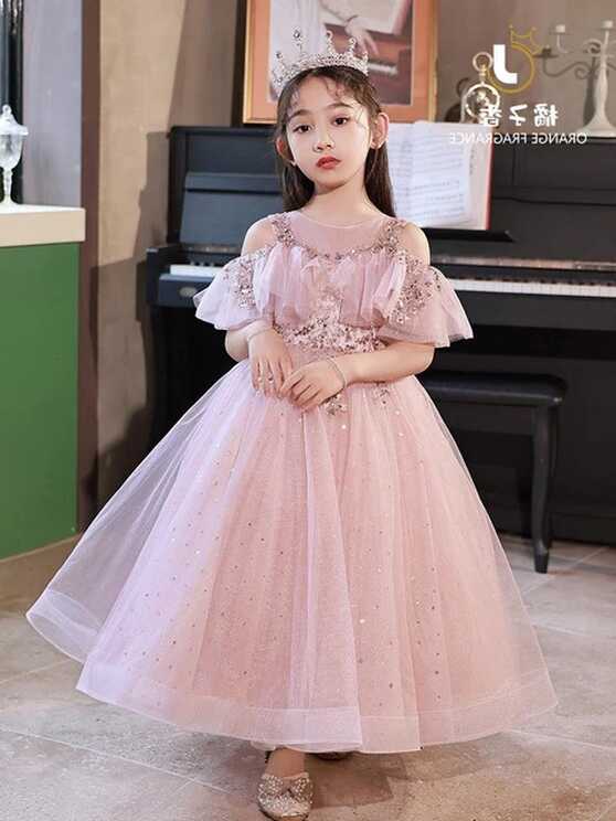 Girls Pink Lace Flower Dress Pearls Children Wedding Party Dresses ...