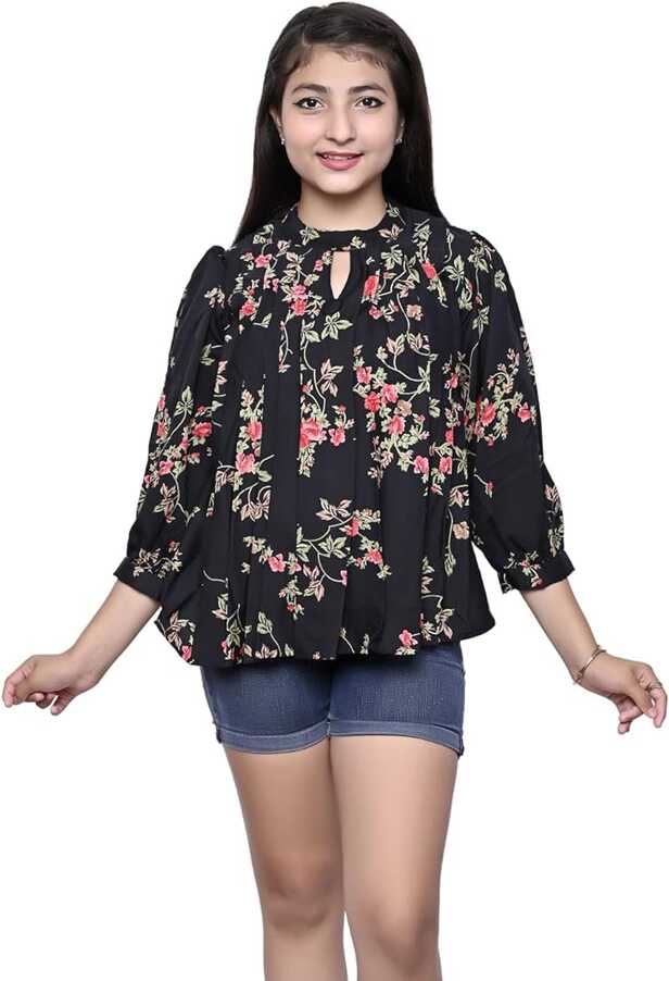 Girls Pleated Flower Design top-63 Black 11-12 Years : Amazon.in ...