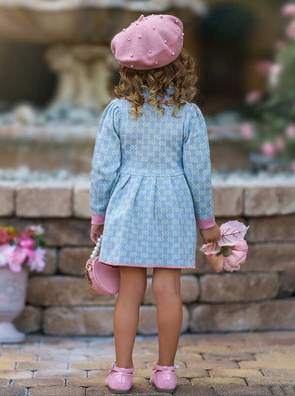 Girls Preppy Chic Dresses | Blue Monogram Knit Dress | Mia Belle Girls