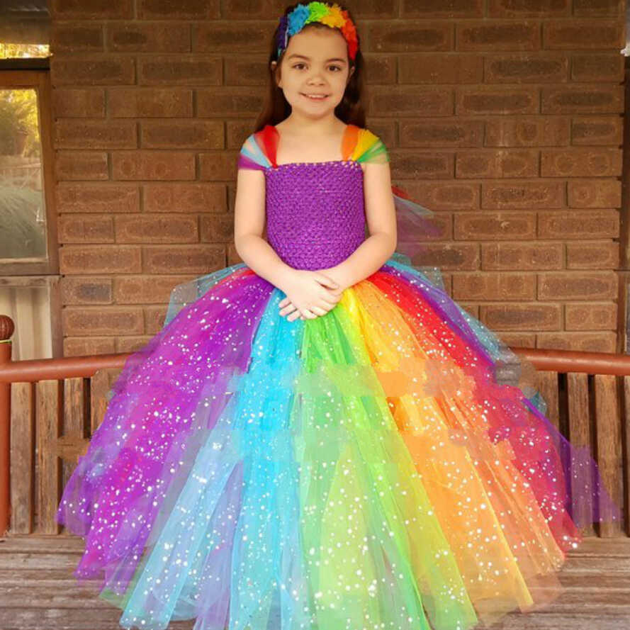 Girls Rainbow Glitter Tutu Dress Kids Tulle Tutus Ball Gown with ...