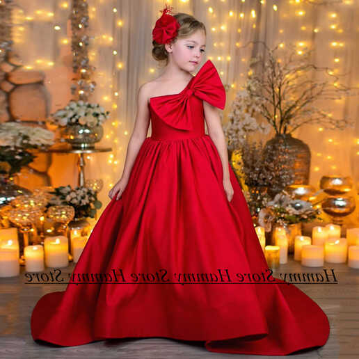 Girls Red Birthday Party Dress One Shoulder Sleeveless Big Bow ...