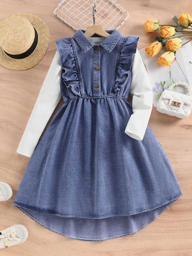 Girls Ruffle Trim High Low Hem Denim Dress Without Tee