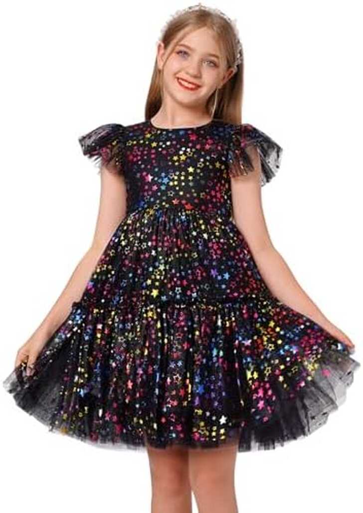 Girls Sequin Tulle Dress Rainbow Star Ruffle Sparkle Toddler Girl ...