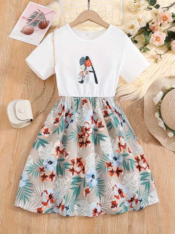 Girls Short Sleeve Flowers Graphic Spliced Casual Dress Teen - Temu